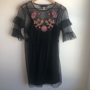 Blue rain black floral embroidered mini dress size small